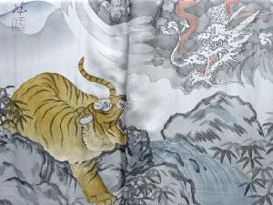 アンティーク　龍虎模様肩裏手織り紬男物羽織